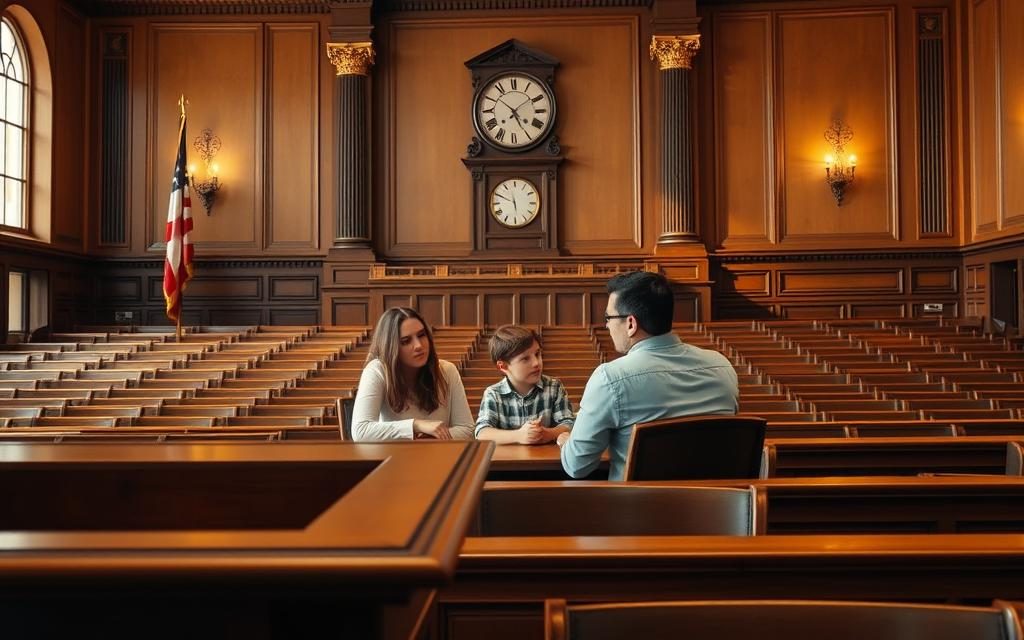 A Courtroom Interior With Warm, Natural Lighting Filtering Through Large Windows. In The Foreground, A Judge'S Bench Stands Prominently, Flanked By Flags And A Grand Clock. At The Center, A Family Sits At A Table, The Parents Leaning In Close To A Child, Discussing The Proceedings. The Child'S Expression Is Contemplative, Their Gaze Directed Towards The Judge. In The Background, Rows Of Wooden Benches Fill The Space, Creating A Sense Of Formality And Solemnity. A Feeling Of Anticipation And Change Permeates The Scene, As The Family Navigates The Legal Process Of A Child'S Name Change. A Courtroom Interior With Warm, Natural Lighting Filtering Through Large Windows. In The Foreground, A Judge'S Bench Stands Prominently, Flanked By Flags And A Grand Clock. At The Center, A Family Sits At A Table, The Parents Leaning In Close To A Child, Discussing The Proceedings. The Child'S Expression Is Contemplative, Their Gaze Directed Towards The Judge. In The Background, Rows Of Wooden Benches Fill The Space, Creating A Sense Of Formality And Solemnity. A Feeling Of Anticipation And Change Permeates The Scene, As The Family Navigates The Legal Process Of A Child'S Name Change.