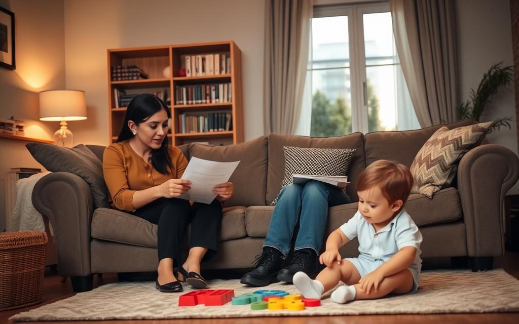 A Cozy Family Room With Warm Lighting, Two Adults Sitting On A Couch Discussing Legal Documents, A Young Child Playing With Toys On The Floor, And A Bookshelf In The Background Signifying The Legal Nature Of The Scene. The Adults Wear Formal Attire, Conveying The Serious And Professional Atmosphere. The Child'S Presence Suggests The Importance Of Considering Their Wellbeing During Child Custody And Property Division Negotiations. The Lighting Casts A Soft, Comforting Glow, Creating A Sense Of Care And Concern For The Family'S Future. A Cozy Family Room With Warm Lighting, Two Adults Sitting On A Couch Discussing Legal Documents, A Young Child Playing With Toys On The Floor, And A Bookshelf In The Background Signifying The Legal Nature Of The Scene. The Adults Wear Formal Attire, Conveying The Serious And Professional Atmosphere. The Child'S Presence Suggests The Importance Of Considering Their Wellbeing During Child Custody And Property Division Negotiations. The Lighting Casts A Soft, Comforting Glow, Creating A Sense Of Care And Concern For The Family'S Future.