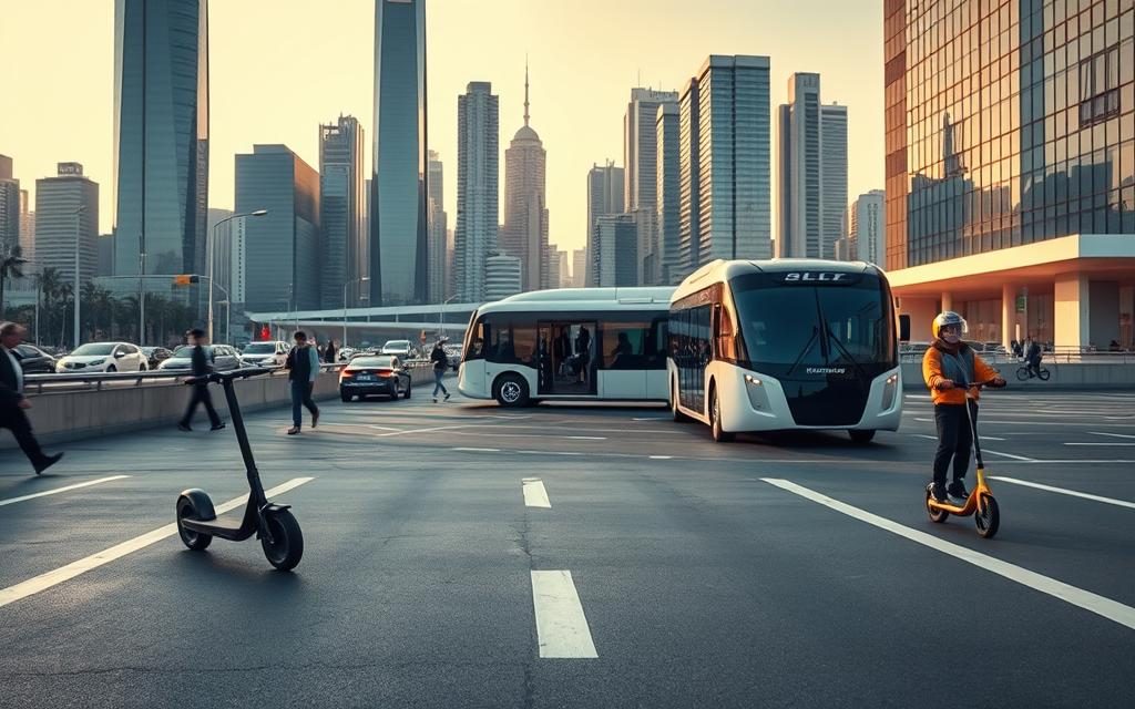 A Futuristic Cityscape, With A Bustling Transportation Hub Showcasing Various Innovative Personal Mobility Devices. In The Foreground, An Electric Scooter, A Self-Balancing Unicycle, And A Hoverboard Glide Smoothly Along Sleek, Well-Marked Lanes. In The Middle Ground, An Autonomous Shuttle Navigates Through The Traffic, Its Sensors And Cameras Guiding It Seamlessly. In The Background, Towering Skyscrapers And A Gleaming Skyline Set The Scene, Illuminated By Warm, Natural Lighting That Casts Long Shadows And Highlights The Clean, Modern Architecture. The Overall Atmosphere Conveys A Sense Of Efficiency, Sustainability, And A Forward-Looking Approach To Urban Transportation. A Futuristic Cityscape, With A Bustling Transportation Hub Showcasing Various Innovative Personal Mobility Devices. In The Foreground, An Electric Scooter, A Self-Balancing Unicycle, And A Hoverboard Glide Smoothly Along Sleek, Well-Marked Lanes. In The Middle Ground, An Autonomous Shuttle Navigates Through The Traffic, Its Sensors And Cameras Guiding It Seamlessly. In The Background, Towering Skyscrapers And A Gleaming Skyline Set The Scene, Illuminated By Warm, Natural Lighting That Casts Long Shadows And Highlights The Clean, Modern Architecture. The Overall Atmosphere Conveys A Sense Of Efficiency, Sustainability, And A Forward-Looking Approach To Urban Transportation.