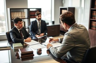 A modern, professional office setting with an attorney's desk in the foreground. A well-dressed lawyer sits at the desk, reviewing legal documents and papers. In the middle ground, a client, a single parent, sits across the desk, engaged in a serious discussion. The background features law books, shelves, and a window overlooking a cityscape, conveying a sense of authority and expertise. Soft, directional lighting illuminates the scene, creating a contemplative mood as the legal process of establishing paternity unfolds.