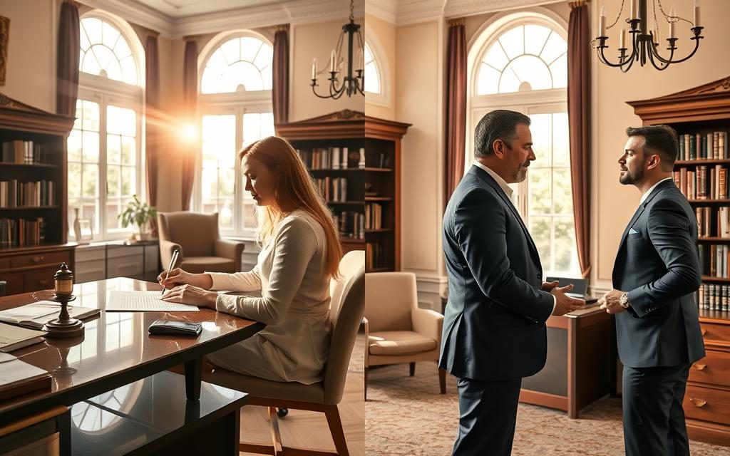 A Spacious, Well-Lit Law Office With Two Distinct Halves. On The Left, A Warm, Peaceful Scene Of A Couple Signing Legal Documents, Their Expressions Calm And Cooperative. On The Right, A Tense Confrontation Between Two Individuals, Their Body Language And Facial Expressions Conveying Discord And Disagreement. Sunlight Streams Through Large Windows, Casting A Soft, Golden Glow Over The Peaceful Side And Heightening The Dramatic Tension On The Other. The Room Is Adorned With Tasteful, Professional Decor, Suggesting The Gravity Of The Situation. The Overall Impression Is One Of The Stark Contrast Between An Uncontested, Collaborative Divorce And A Contested, Adversarial One. A Spacious, Well-Lit Law Office With Two Distinct Halves. On The Left, A Warm, Peaceful Scene Of A Couple Signing Legal Documents, Their Expressions Calm And Cooperative. On The Right, A Tense Confrontation Between Two Individuals, Their Body Language And Facial Expressions Conveying Discord And Disagreement. Sunlight Streams Through Large Windows, Casting A Soft, Golden Glow Over The Peaceful Side And Heightening The Dramatic Tension On The Other. The Room Is Adorned With Tasteful, Professional Decor, Suggesting The Gravity Of The Situation. The Overall Impression Is One Of The Stark Contrast Between An Uncontested, Collaborative Divorce And A Contested, Adversarial One.