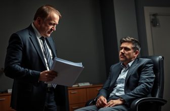 A determined debt collector enforcing a child support order against a reluctant father in a tense, high-contrast scene. Dramatic lighting casts harsh shadows, emphasizing the gravity of the situation. The collector, dressed in a sharp suit, leans forward with an authoritative gaze, a stack of documents in hand. The father, looking worried, sits slumped in his chair, avoiding eye contact. The background is a dimly lit, generic office space, adding to the somber mood. The scene conveys the serious consequences of neglecting court-ordered child support payments.