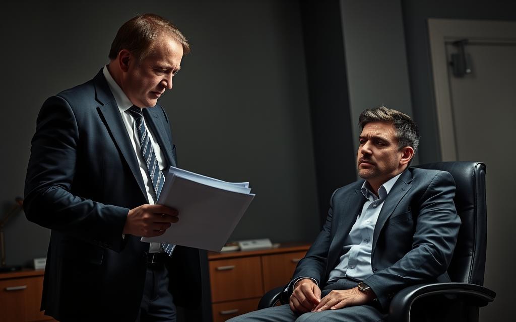A Determined Debt Collector Enforcing A Child Support Order Against A Reluctant Father In A Tense, High-Contrast Scene. Dramatic Lighting Casts Harsh Shadows, Emphasizing The Gravity Of The Situation. The Collector, Dressed In A Sharp Suit, Leans Forward With An Authoritative Gaze, A Stack Of Documents In Hand. The Father, Looking Worried, Sits Slumped In His Chair, Avoiding Eye Contact. The Background Is A Dimly Lit, Generic Office Space, Adding To The Somber Mood. The Scene Conveys The Serious Consequences Of Neglecting Court-Ordered Child Support Payments.