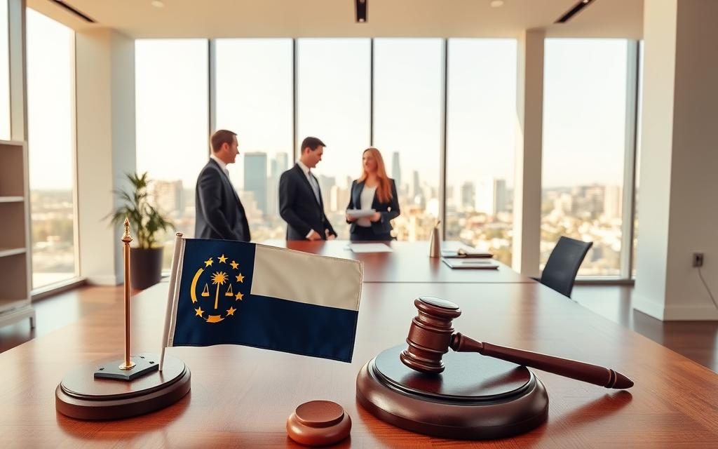 A Modern, Airy Law Office With Clean Lines And Minimalist Decor. In The Foreground, A North Carolina State Flag And A Gavel Sit On A Sleek Wooden Desk, Symbolizing The Legal Process. The Middle Ground Features A Pair Of Lawyers In Professional Attire, Engaged In A Discussion, With An Open Laptop And Legal Documents Between Them. The Background Showcases Large Windows Overlooking The Skyline Of A Vibrant North Carolina City, Bathed In Warm, Natural Light. The Overall Atmosphere Conveys Efficiency, Expertise, And A Streamlined Approach To Divorce Proceedings. A Modern, Airy Law Office With Clean Lines And Minimalist Decor. In The Foreground, A North Carolina State Flag And A Gavel Sit On A Sleek Wooden Desk, Symbolizing The Legal Process. The Middle Ground Features A Pair Of Lawyers In Professional Attire, Engaged In A Discussion, With An Open Laptop And Legal Documents Between Them. The Background Showcases Large Windows Overlooking The Skyline Of A Vibrant North Carolina City, Bathed In Warm, Natural Light. The Overall Atmosphere Conveys Efficiency, Expertise, And A Streamlined Approach To Divorce Proceedings.