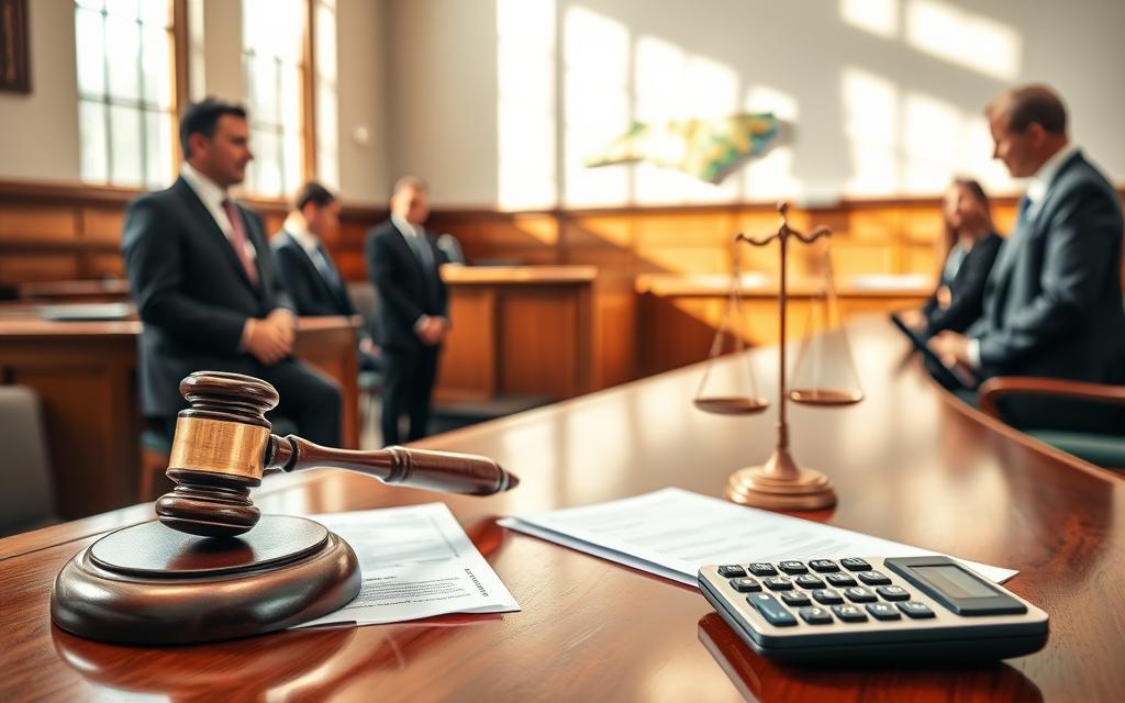 A Serene, Sun-Dappled Courtroom Interior, With Soft Natural Lighting Filtering Through Tall Windows. A Wooden Gavel Rests On A Polished Mahogany Bench, Symbolizing The Scales Of Justice. In The Foreground, A Set Of Legal Documents And A Calculator Represents The Equitable Distribution Of Assets, While A Map Of North Carolina On The Wall Suggests The Local Context. The Atmosphere Conveys A Sense Of Order, Fairness, And The Careful Consideration Of Complex Financial Matters. Lawyers And Clients Confer In Quiet Discussion, Their Expressions Focused On Reaching A Mutually Agreeable Resolution.