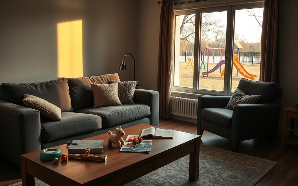 A Tranquil Living Room With A Couch And Armchair, Bathed In Warm Lighting. On The Coffee Table, Toys And Books Are Scattered, Suggesting The Presence Of A Child. Through A Window, A Park With Swings And Slides Can Be Seen, Hinting At Shared Custody Arrangements. The Overall Mood Is One Of Contemplation And The Impact Of Custody Decisions On A Child'S Wellbeing And The Family'S Financial Situation.